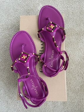Cole Haan Fuchsia Leather Beaded T-Strap Sandals